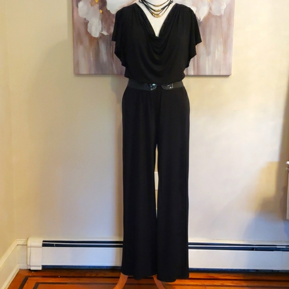 Holiday Outfit Black Cowl Neck Pantsuit